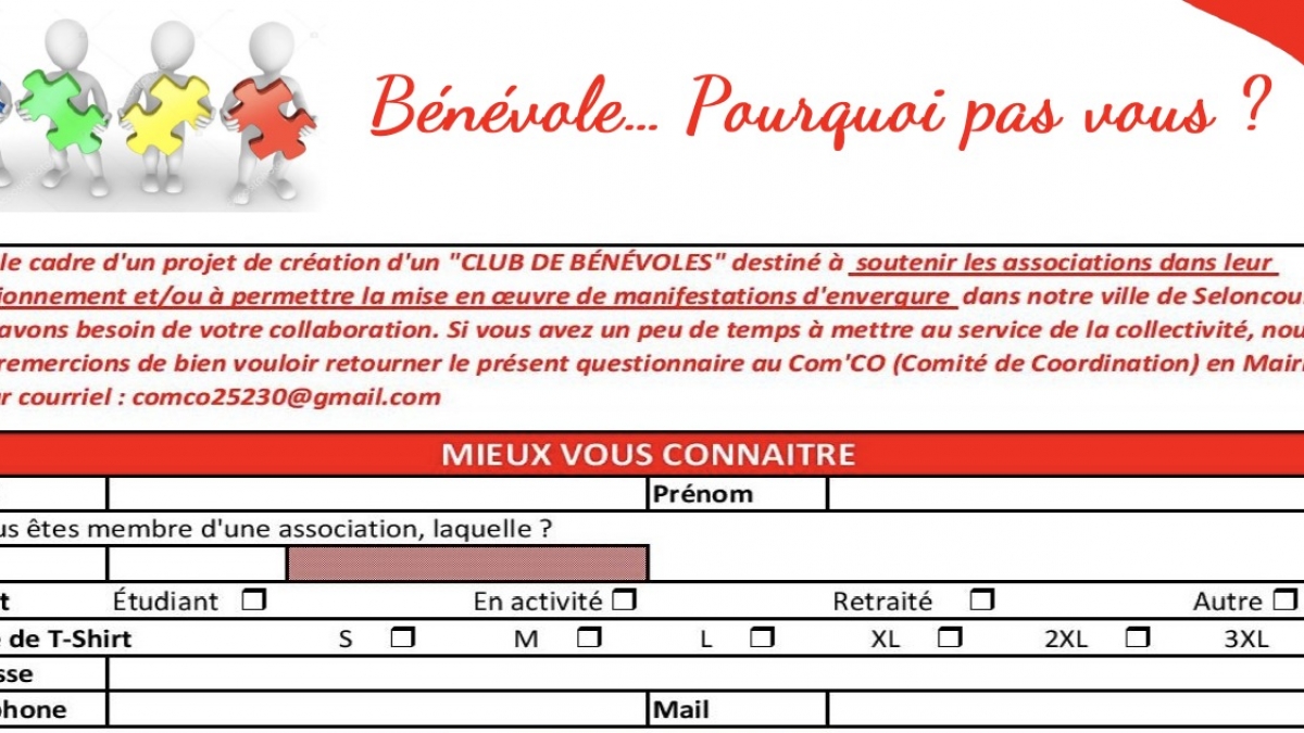 QUESTIONNAIRE BÉNÉVOLE - COMITÉ DE COORDINATION