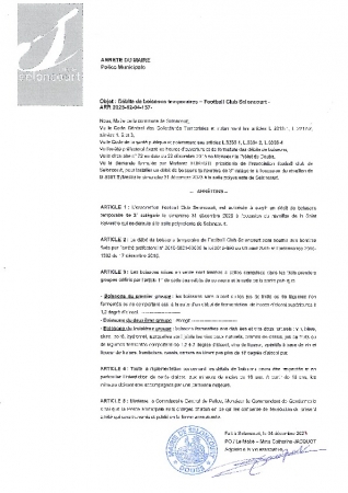 ARR2023-12-04-137 Arrêté d'autorisation d'ouverture d'un débit de boisson temporaire - Soirée Saint Sylvestre - Football Club de Seloncourt
