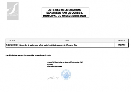 LISTE DES DELIBERATIONS CM DU 19 DECEMBRE 2023