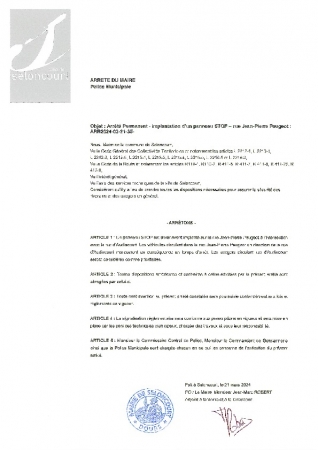 ARR2024-03-21-35 Arrêté permanent panneau STOP rue Pierre Peugeot