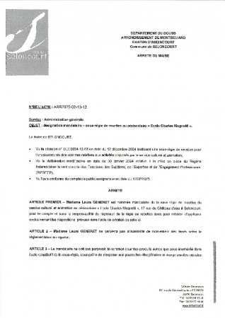 ARR20250213-12 Arrêté de désignation sous-régisseur régie de recettes périsclolaire école Mognetti