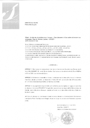 ARR 20250417-56 Arrêté de circulation pour travaux - remplacement d'un cadre et tampon sur chaussée rue du général Leclerc par Ets CIRCET