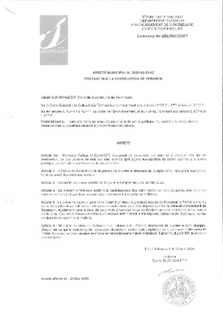 ARR20250520-62 Arrêté autorisant la destruction du renard commune de seloncourt