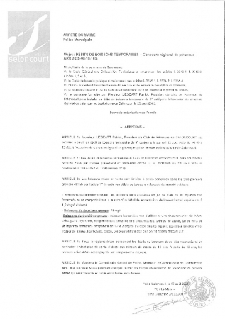 ARR20250818-105 Arrêté d'autorisation d'ouverture d'un débit temporaire de boisson - Pétanque Seloncourtoise - Concours régional - 23.08.2025