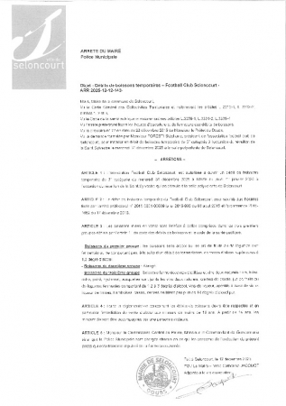 ARR20251212-143 arrêté d'autorisation temporaire d'ouverture d'un débit de boissons - Football club Seloncourt - soirée Saint Sylvestre - 31 décembre 2025