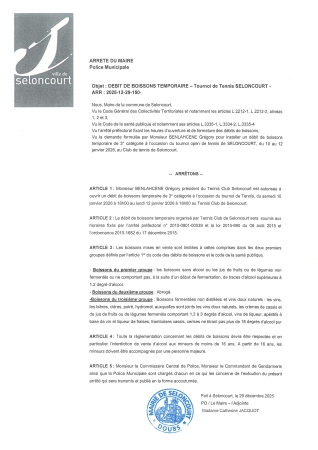 ARR20251229-150 Arrêté de débit de boisson temporaire - tournoi de tennis Seloncourt - Tennis club Seloncourt - du 10 au 12 janvier 2026