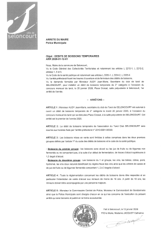 ARR2026-01-12-01 Arrêté d'autorisation d'ouverture temporaire d'un débit de boissons - Tarot Club Seloncourt - Salle Polyvalente - 20 janvier 2026