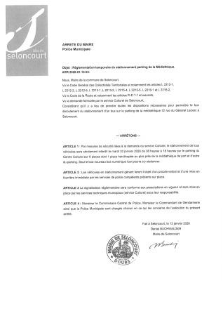 ARR2026-01-13-03 Arrêté de stationnement interdit le 20 janvier 2026 sur le parking du centre culturel suite à la présence d'un bus