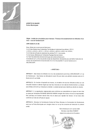 ARR2026-01-21-06 Arrêté d'autorisation de travaux - Réfection mur soutainement - 21 rue de Vandoncourt - Paysage service Dubois