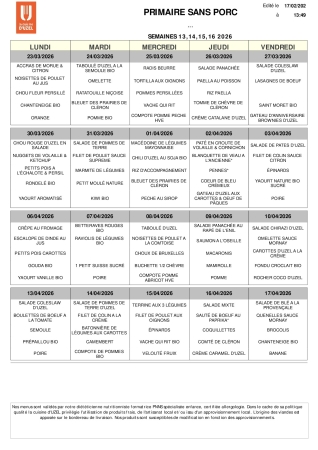 Menu scolaire sans porc 23 mars au 17 avril