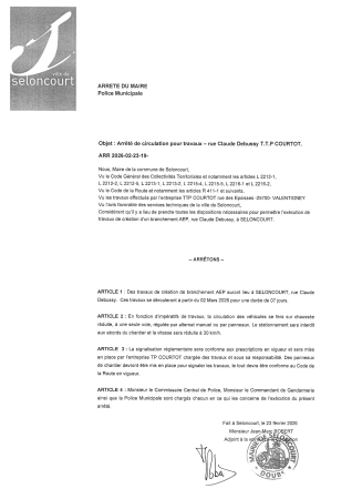 ARR2026-02-23-19 Arrêté de travaux TTP Courtot création branchement EU et AEP rue claude Debussy