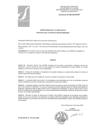 ARR2026-03-05-22 Arrêté portant sur l'autorisation de la destruction de renards mars 2026