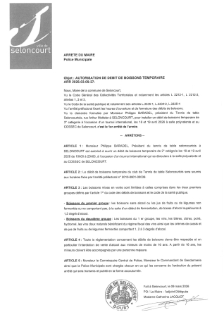 ARR2026-03-09-27 débit de boissons tournoi international 18 et 19 avril 26