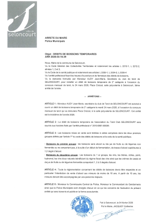 ARR2026-03-16-29 Arrêté d'autorisation d'ouverture temporaire d'un débit de boissons - Tarot Club Seloncourt - Salle Polyvalente - 24.03.026