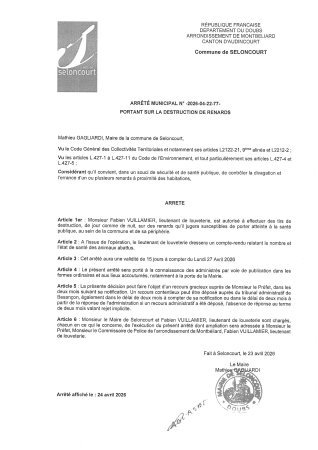 ARR2026-04-22-77 Arrêté autorisation destruction de renards commune seloncourt avril 2026