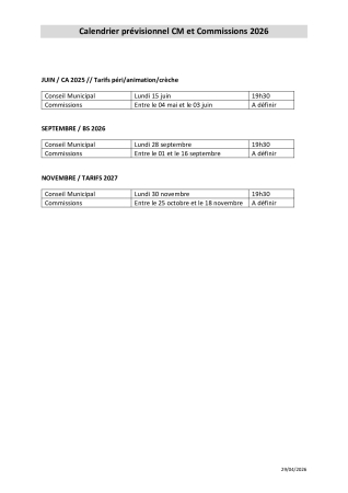 Calendrier prévisionnel CM et Commissions 2026