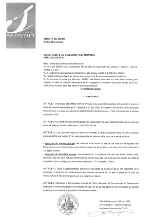 ARR2026-05-04-81 Arrêté autorisation de débit de boissons temporaire pour un tournoi annuel par le Judo de seloncourt le dimanche 7 juin 2026 au COSEC
