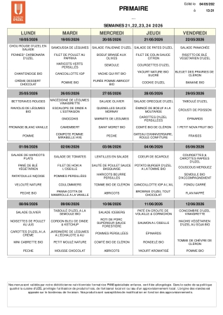 Menus scolaire du 18 mai au 12 juin 2026