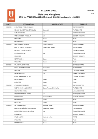 Liste des allergènes sans porc du 18 mai au 12 juin
