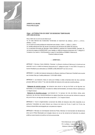 ARR2026-05-05-84 Arrêté autorisation débit de boissons tournoi handball U 18 M 14 mai 2026