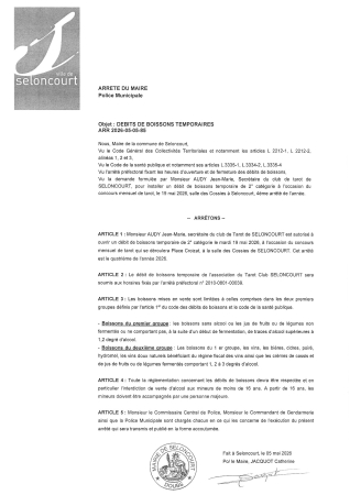 ARR2026-05-05-85 Arrêté autorisation débit de boissons concours mensuel tarot club en salle des cossies le mardi 19 mai 2026