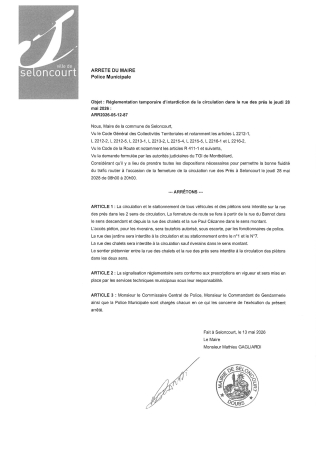 ARR2026-05-12-87 Arrêté de circulation et de stationnement à tous véhicules - rue des Près - Jardins - Chalets - 28 mai 2026