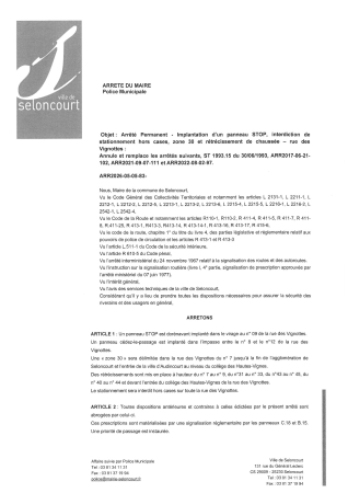 ARR2026-05-05-83 Arrêté Permanent d'interdiction du stationnement hors case, zone 30 et rétrécissements - rue des vignottes