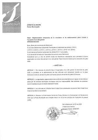 ARR2026-05-22-90 Arrêté fermeture Place croizat pour un vide grenier le 5 juillet par les Amis du Vieux Seloncourt