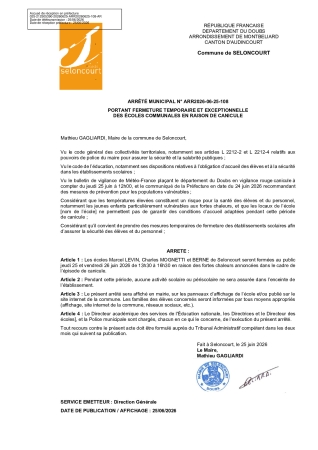 ARR2026-06-25-108 Arrêté de fermeture temporaire et exceptionnel des écoles communales en raison de canicule