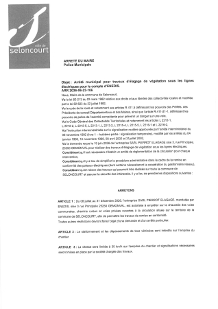 ARR2026-06-23-106 Arrêté de travaux élagage sous les lignes électriques pour ENEDIS du 23-06 au 31-12-26 SARL ELAGAGE