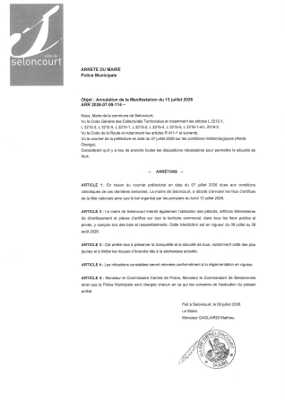 ARR2026-07-09-114 ANNULATION MANIFESTATION 13 JUILLET ET INTERDICATION UTILISATION PETARDS ET ARTIFICES