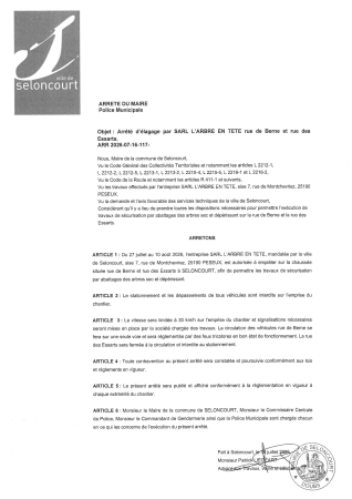 ARR2026-07-16-117 Arrêté circulation rues Berne et Essarts du 27-07-26 durant 10 jours