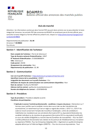 AVIS DE MARCHE 26-99603 RESTAURATION SCOLAIRE