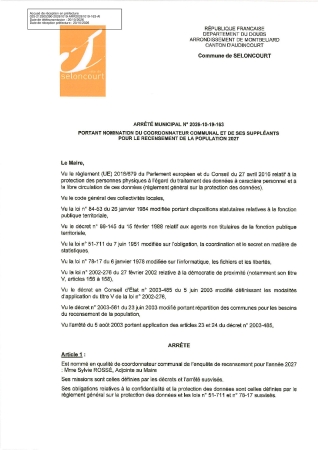 ARR2026-10-19-163 NOMINATION COORONNATEUR COMMUNAL RECENSEMENT POPULATION 2027